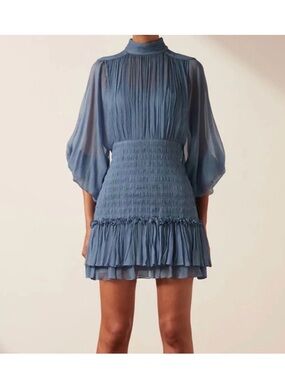 Shona Joy Dusty Blue Pleated High-Neck Long Sleeve Mini Dress - gently used